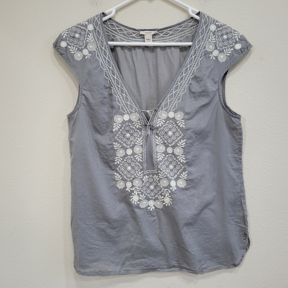 J.Crew Gray White 100% Cotton Embroidered Lightweight Sleeveless Top Size Small